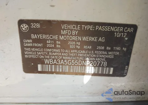 2013 BMW 328I z USA, uszkodzony, nr VIN WBA3A5G55DNP20778